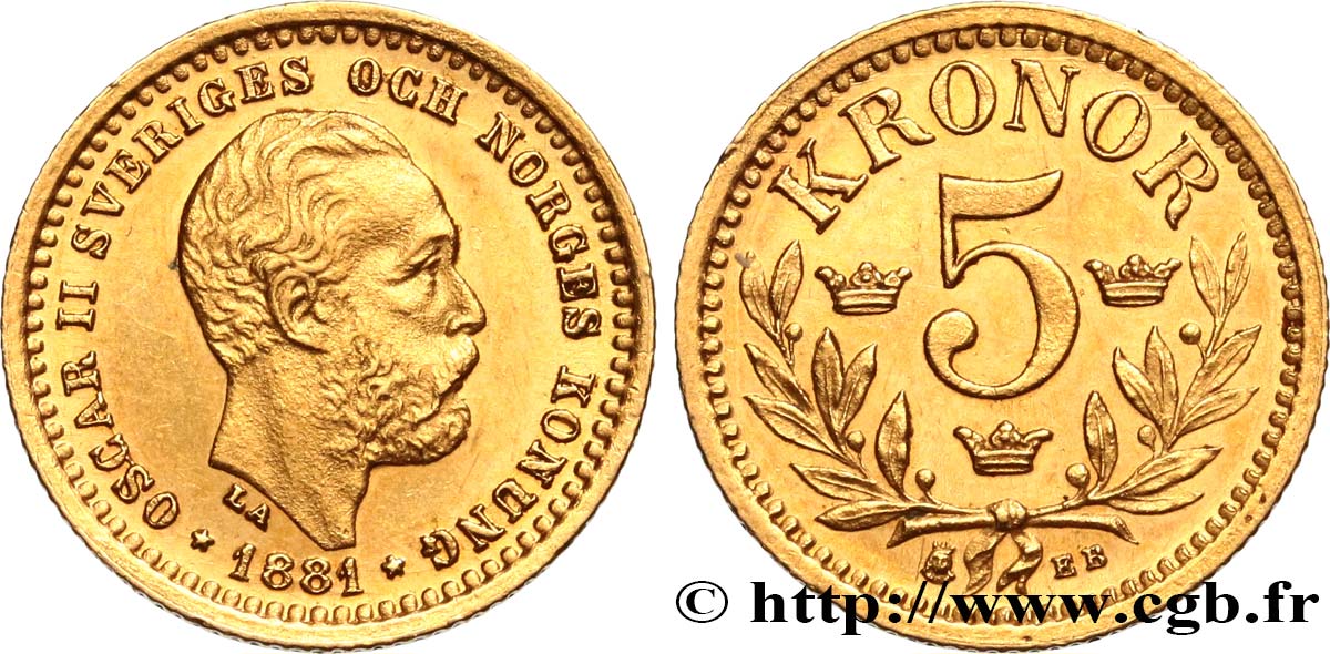 SWEDEN - KINGDOM OF SWEDEN - OSCAR II 5 Kronor 1881 Stockholm MS 