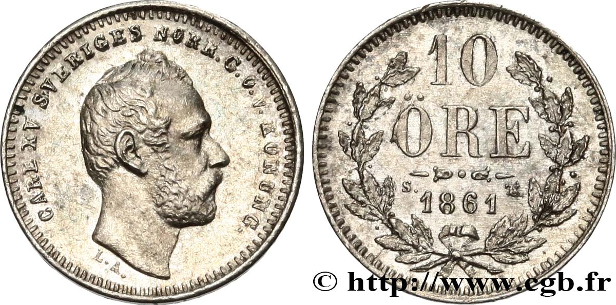 SWEDEN 10 Ore Oscar II 1861  AU/MS 