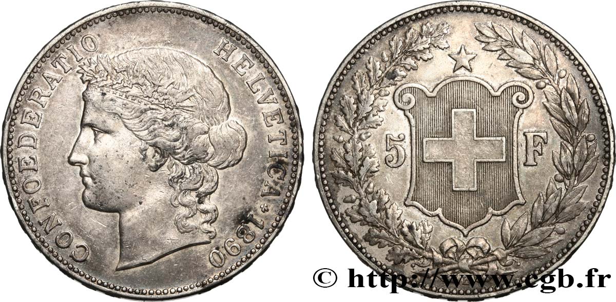 SWITZERLAND 5 Francs Helvetia 1890 Berne AU 