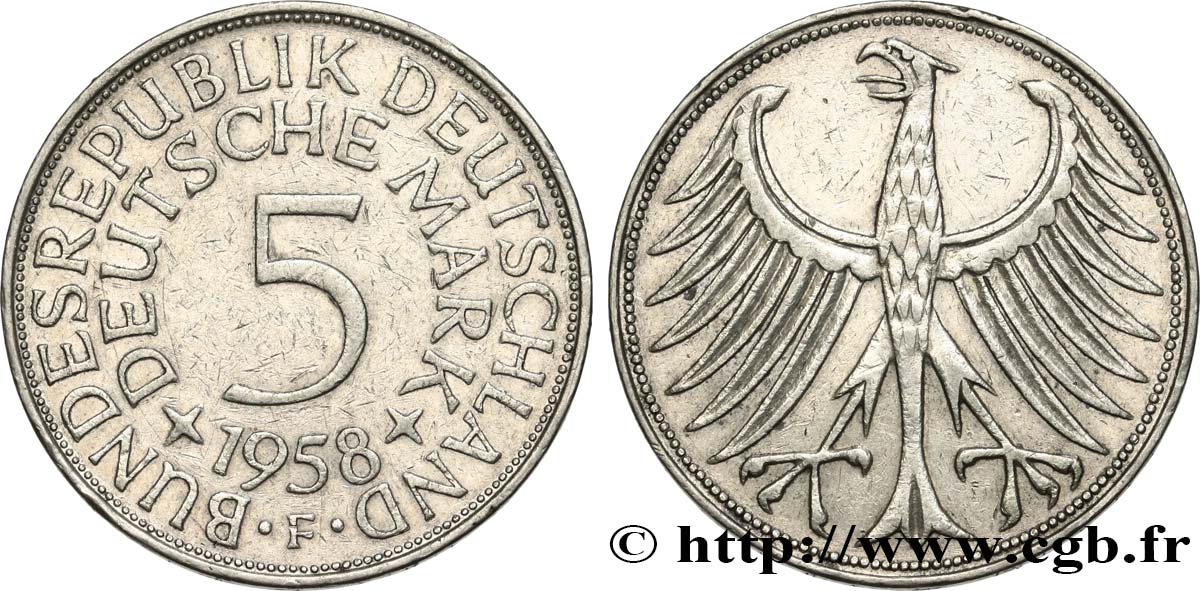 DEUTSCHLAND 5 Mark aigle 1958 Stuttgart SS 