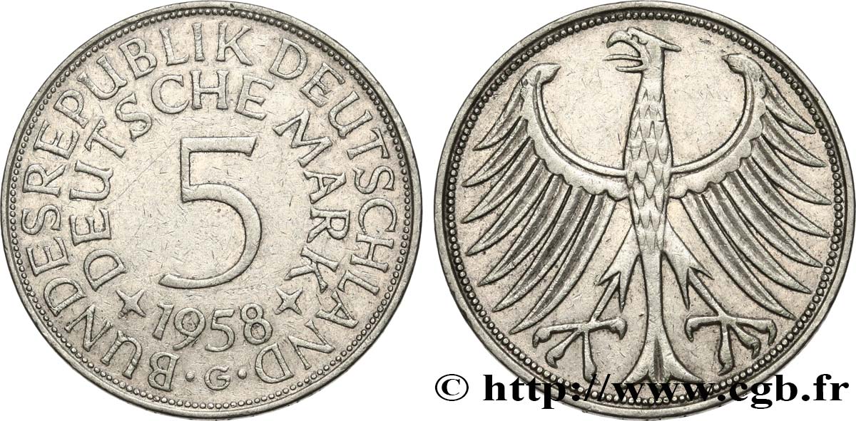 DEUTSCHLAND 5 Mark aigle 1958 Karlsruhe SS 