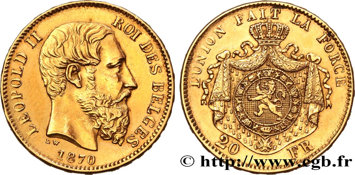 INVESTMENT GOLD 20 Francs Léopold II 1870 Bruxelles q.SPL 