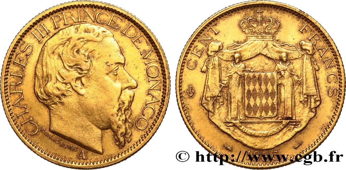 MONACO 100 Francs or Charles III 1886 Paris MBC 