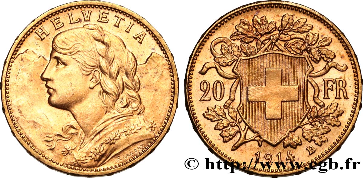 INVESTMENT GOLD 20 Francs  Vreneli   1914 Berne MS 