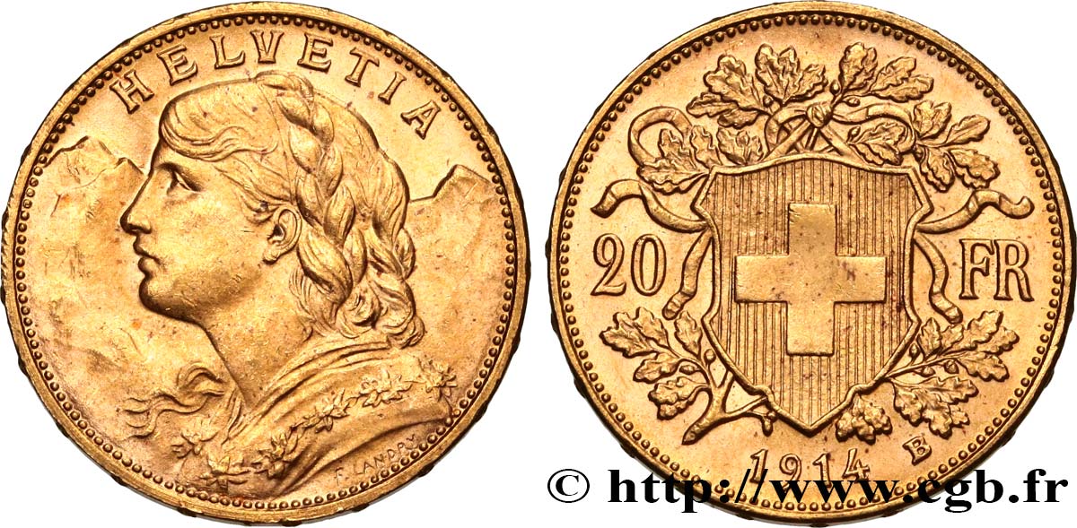 INVESTMENT GOLD 20 Francs  Vreneli   1914 Berne fST 
