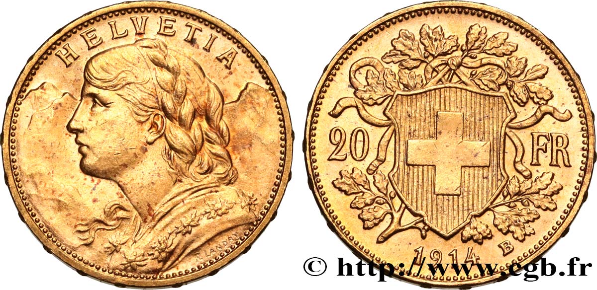 INVESTMENT GOLD 20 Francs  Vreneli   1914 Berne fST 