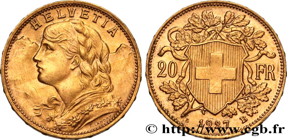 INVESTMENT GOLD 20 Francs or  Vreneli  1927 Berne AU 