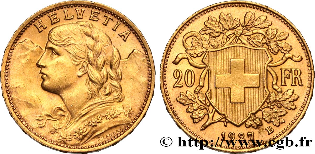 INVESTMENT GOLD 20 Francs or  Vreneli  1927 Berne EBC 