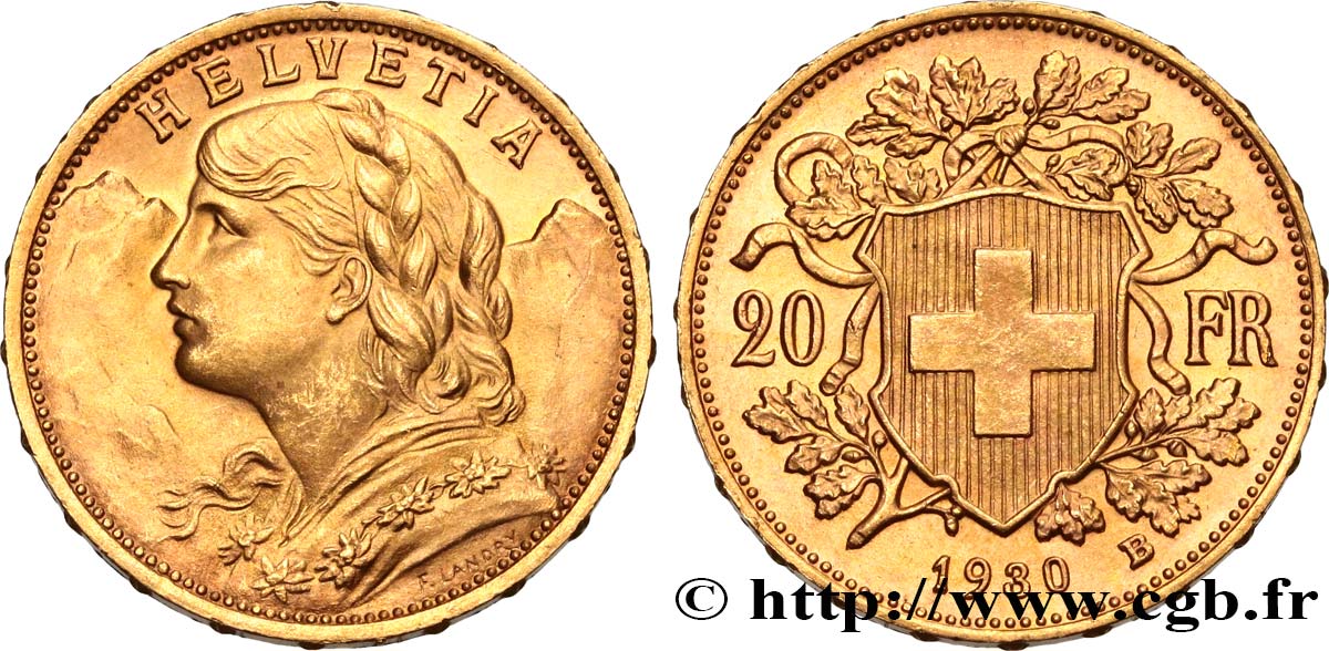 INVESTMENT GOLD 20 Francs  Vreneli  1930 Berne MS 