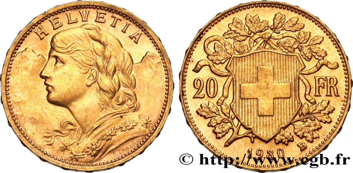 INVESTMENT GOLD 20 Francs  Vreneli  1930 Berne fST 