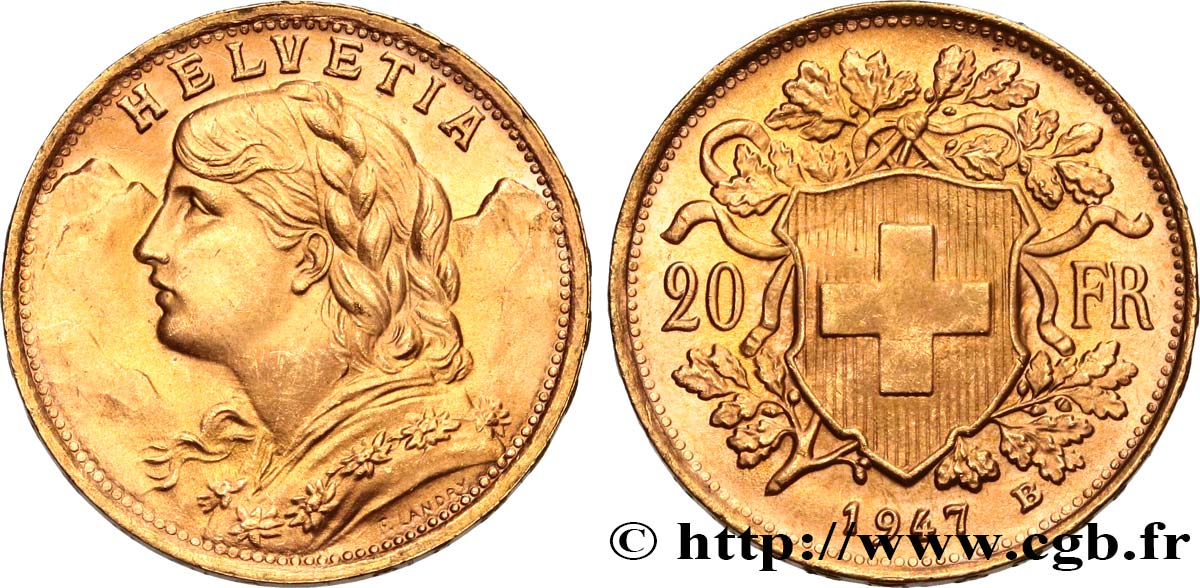 INVESTMENT GOLD 20 Francs or  Vreneli  1947 Berne MS 