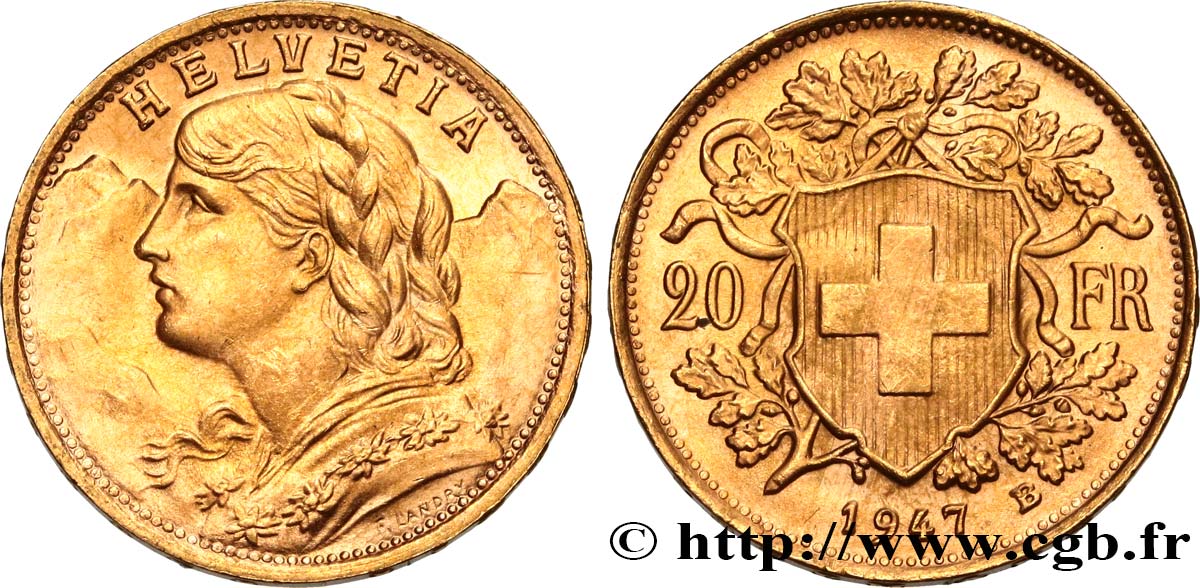 INVESTMENT GOLD 20 Francs or  Vreneli  1947 Berne SC 