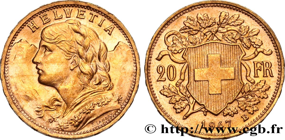 INVESTMENT GOLD 20 Francs or  Vreneli  1947 Berne fST 
