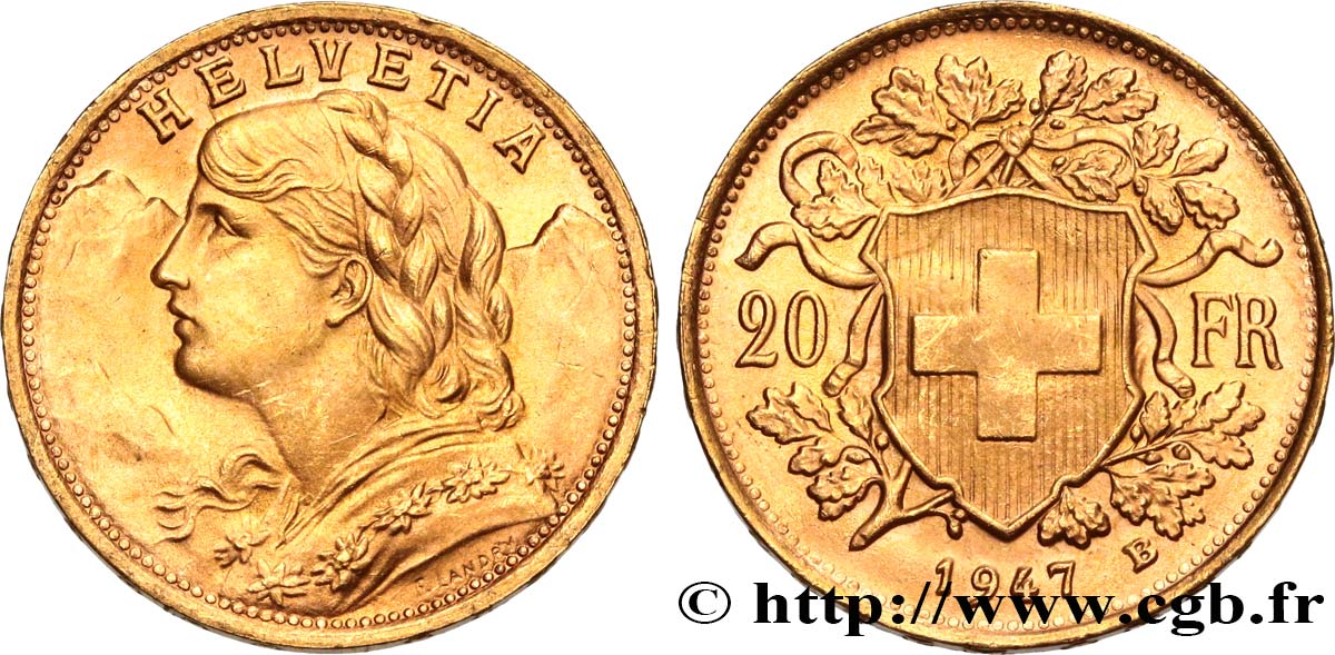INVESTMENT GOLD 20 Francs or  Vreneli  1947 Berne SC 