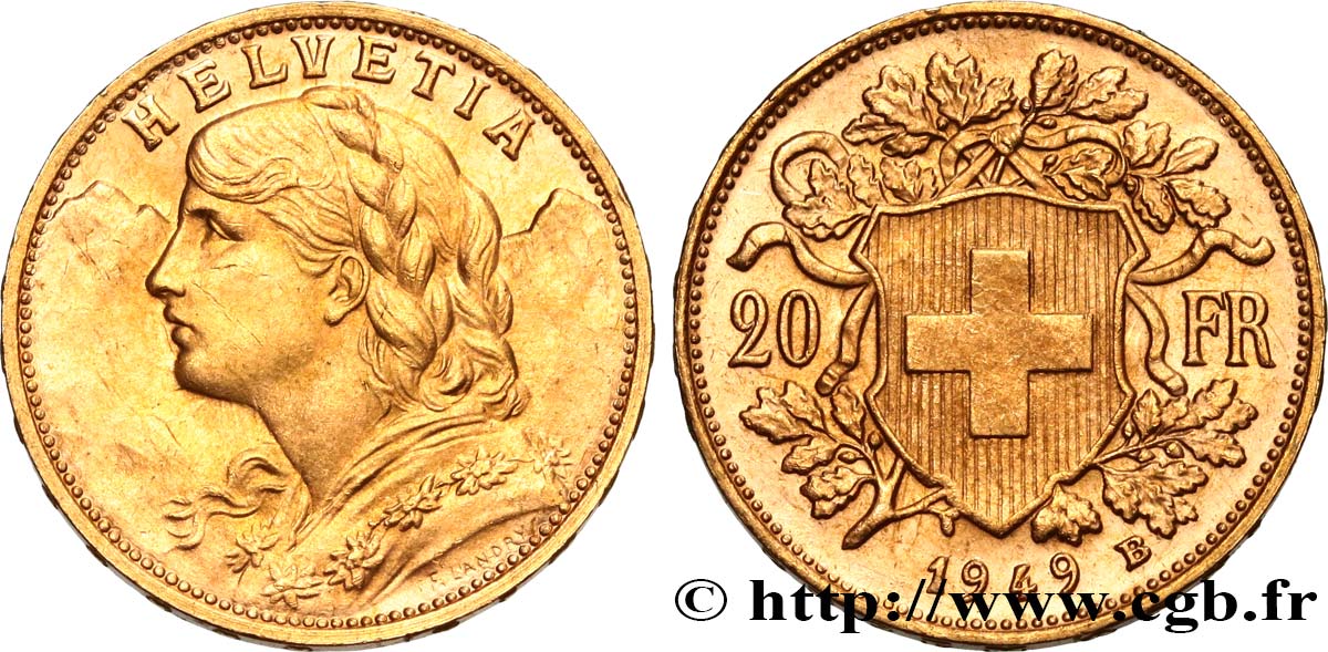 INVESTMENT GOLD 20 Francs or  Vreneli  1949 Berne MS 