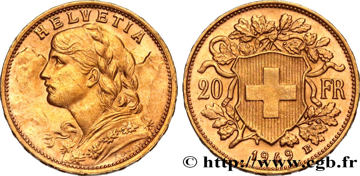 INVESTMENT GOLD 20 Francs or  Vreneli  1949 Berne SC 