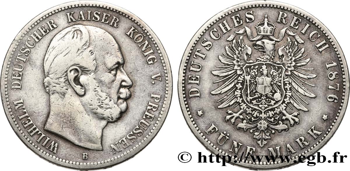 GERMANIA - PRUSSIA 5 Mark Guillaume 1876 Breslau q.BB/BB 
