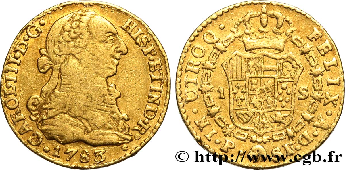 COLOMBIA 1 Escudo or Charles III d’Espagne 1783 Popayan VF 
