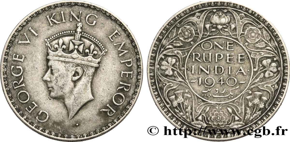 INDIA BRITÁNICA 1 Rupee (Roupie) Georges VI couronné 1940 Bombay MBC 