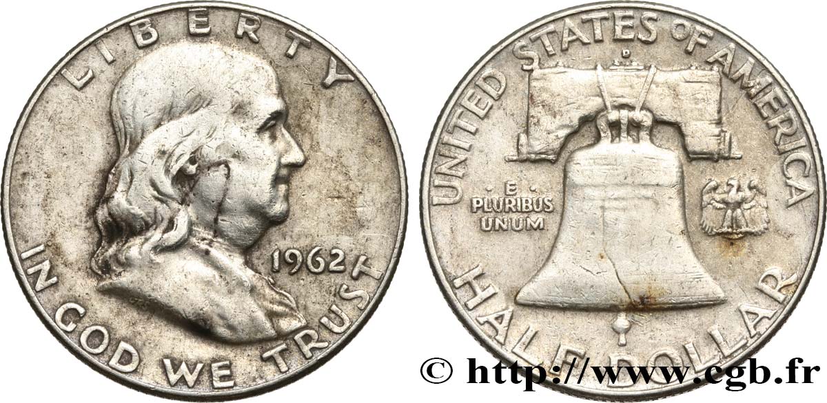 ÉTATS-UNIS D AMÉRIQUE 1/2 Dollar Benjamin Franklin 1962 Denver TB+ 