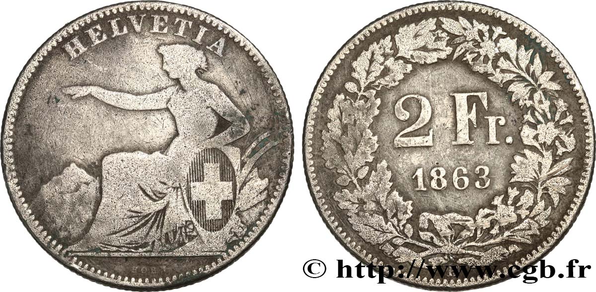 SUISSE 2 Francs Helvetia 1863 Berne B+ 