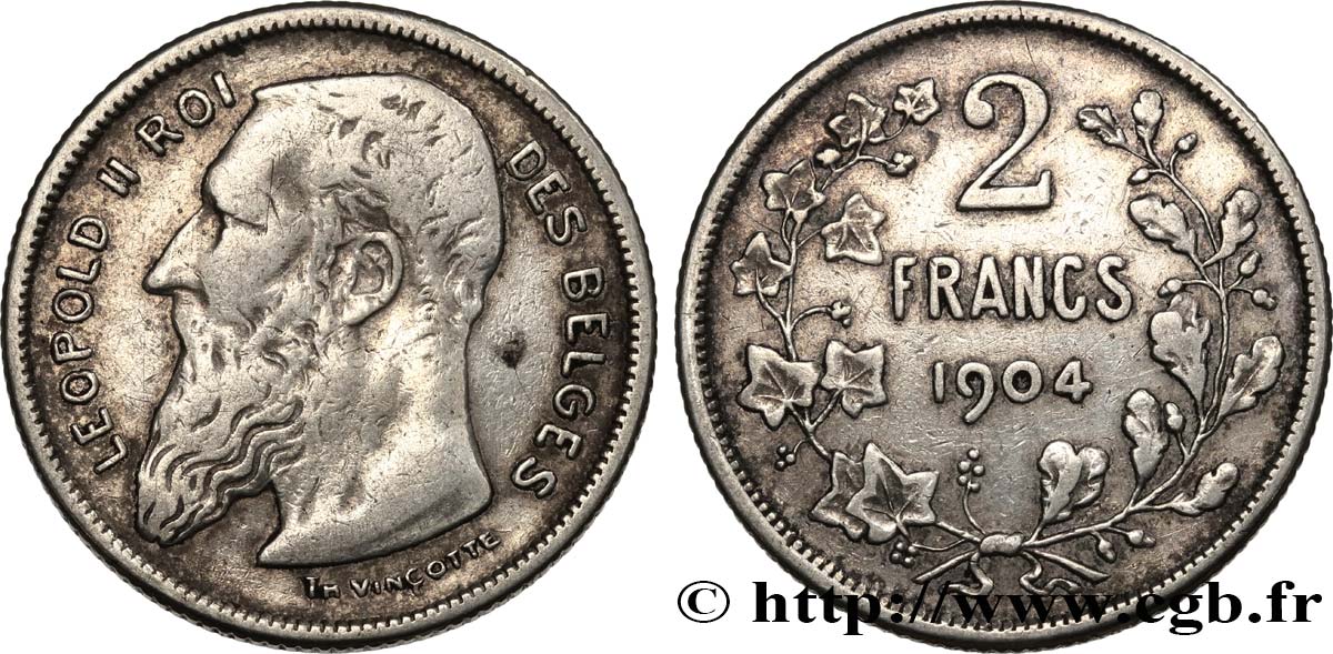 BÉLGICA 2 Francs Léopold II légende française 1904  BC+ 