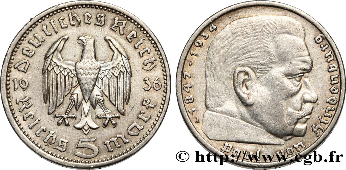 GERMANY 5 Reichsmark Maréchal Paul von Hindenburg 1936 Berlin XF 