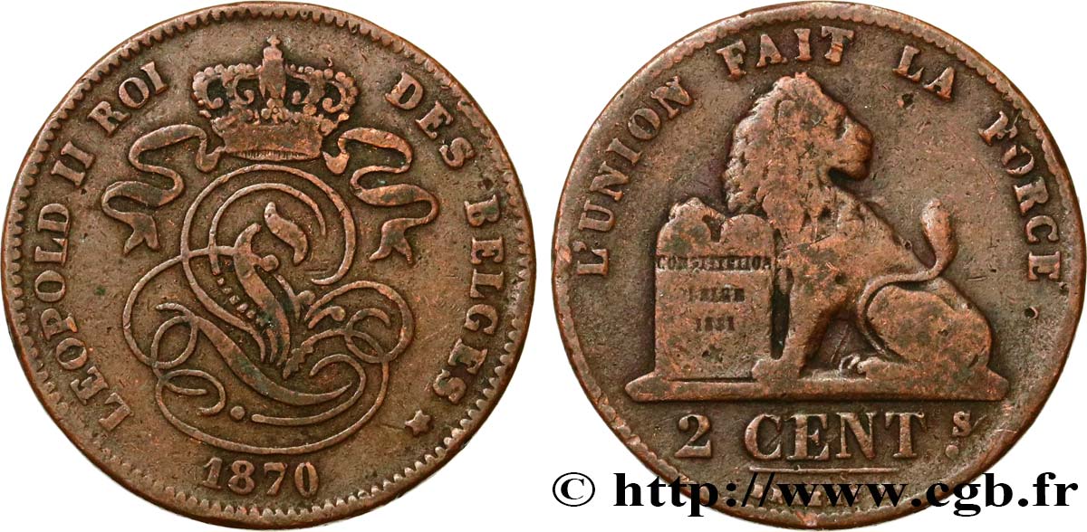 BELGIEN 2 Centimes lion monogramme de Léopold II 1870  S 