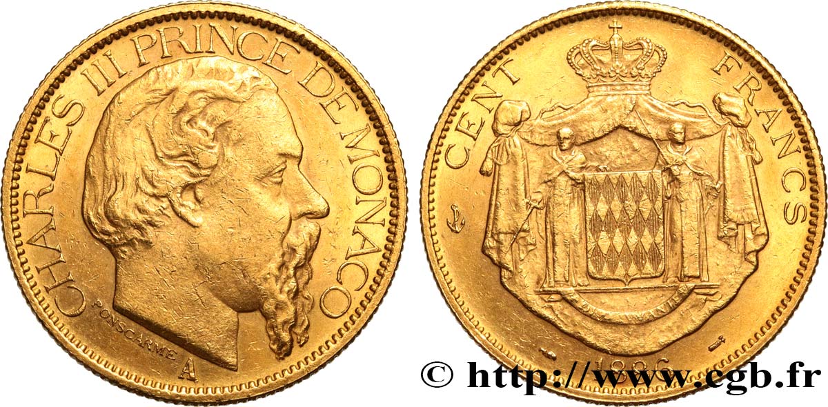 MONACO - PRINCIPALITY OF MONACO - CHARLES III 100 Francs or 1886 Paris AU 