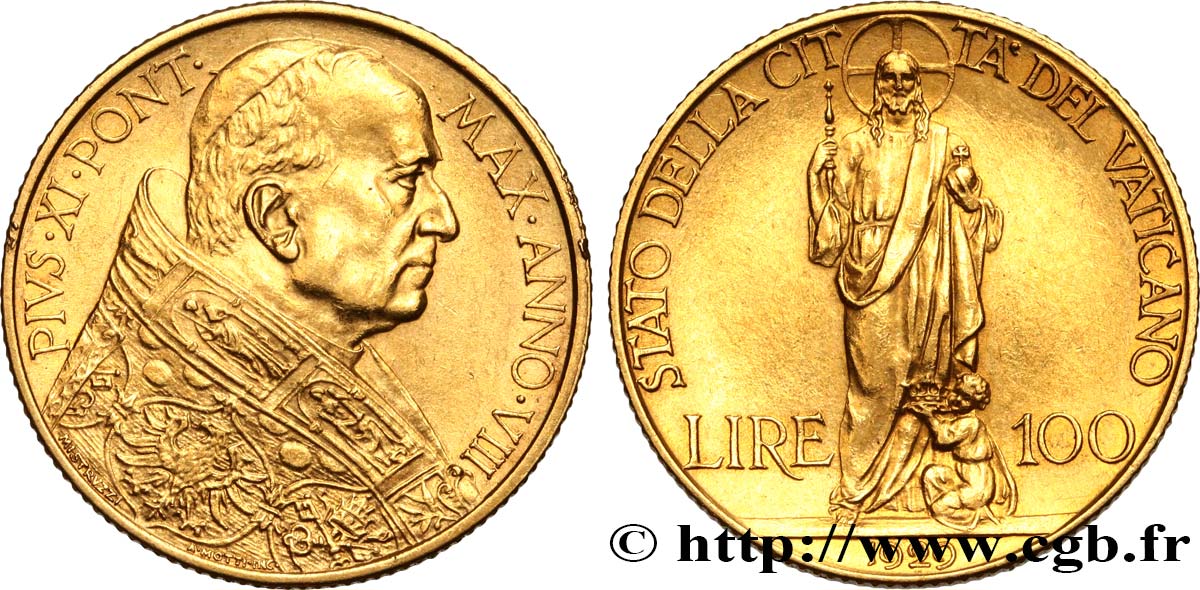 VATICAN - PIUS XI (Achille Ratti) 100 Lire an VIII 1929 Rome AU/AU 
