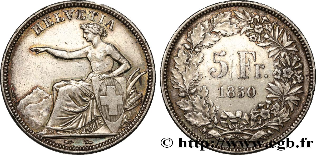 SWITZERLAND - CONFEDERATION 5 Francs 1850 Paris XF 