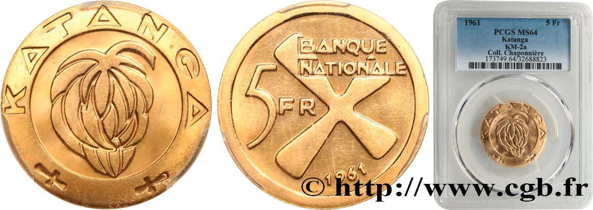 CONGO - PROVINCE DU KATANGA 5 Francs 1961  MS64 PCGS