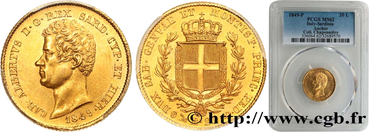 ITALY - KINGDOM OF SARDINIA - CHARLES-ALBERT 20 Lire 1849 Gênes MS62 PCGS