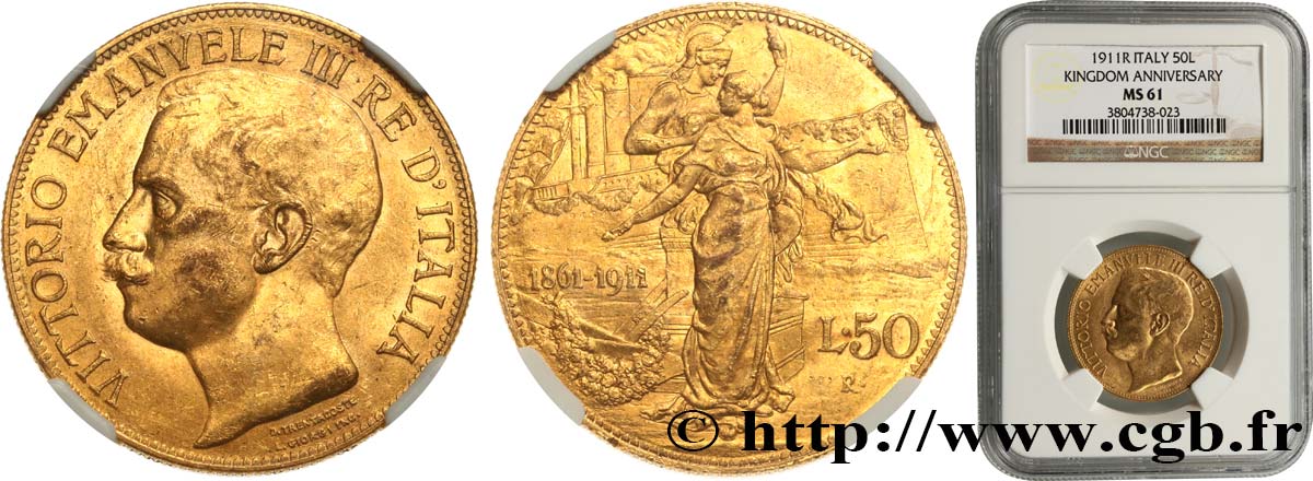 ITALY - KINGDOM OF ITALY - VICTOR-EMMANUEL III 50 Lire 1911 Rome MS61 NGC