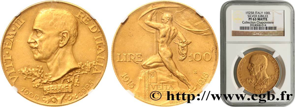 ITALIE - ROYAUME D ITALIE - VICTOR-EMMANUEL III 100 Lire jubilé d’argent Proof Matte 1925 Rome SPL63 NGC