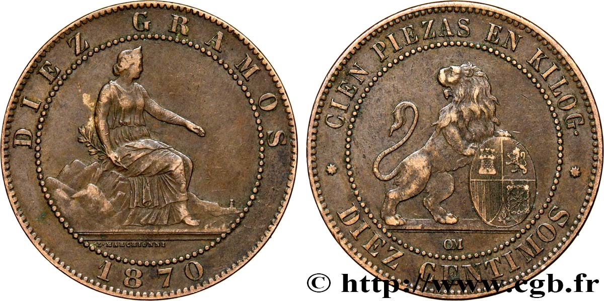 ESPAGNE 10 Centimos monnayage provisoire “ESPAÑA” assise / lion au bouclier 1870 Oeschger Mesdach & CO TTB 