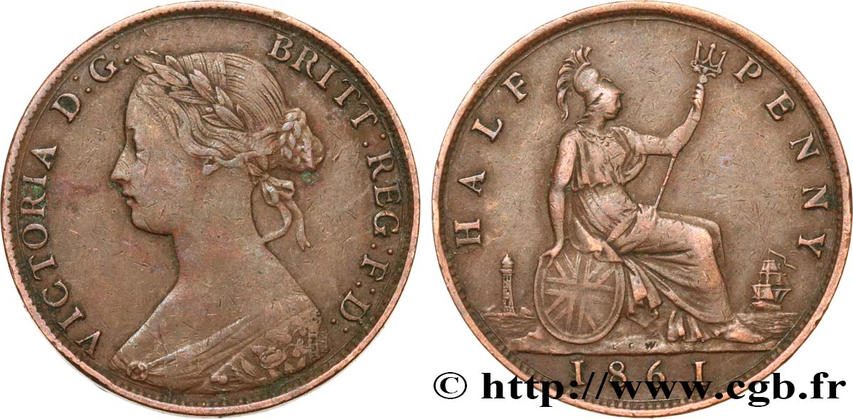 UNITED KINGDOM 1/2 Penny Victoria “Bun Head” 1861  VF 