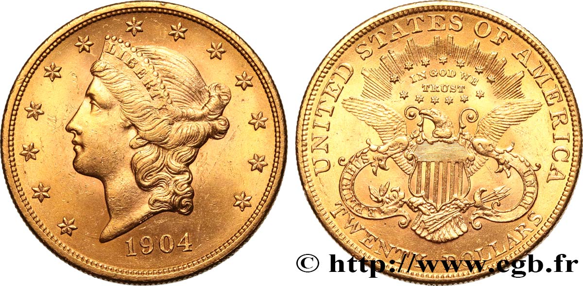 OR, PALLADIUM ET PLATINE INVESTISSEMENT 20 Dollars  Liberty  1904 Philadelphie SPL 