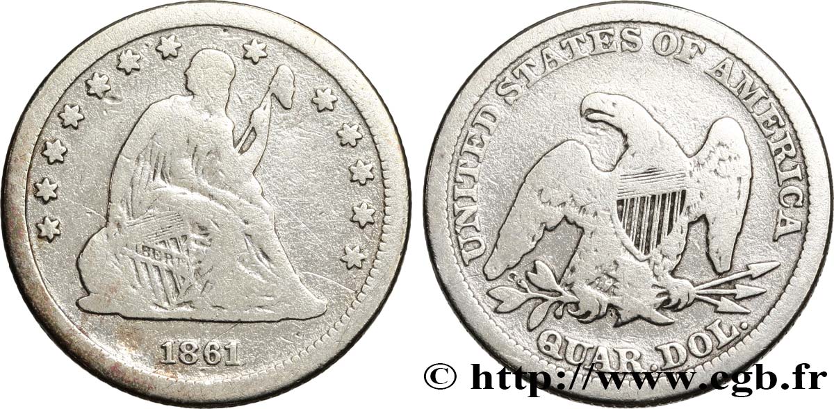 STATI UNITI D AMERICA 1/4 Dollar “Seated Liberty” 1861 Philadelphie q.MB 