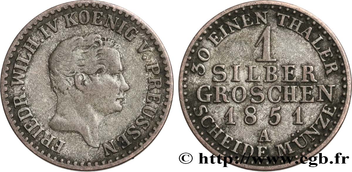 GERMANY - PRUSSIA 1 Silbergroschen Royaume de Prusse Frédéric-Guillaume IV 1851 Berlin VF 