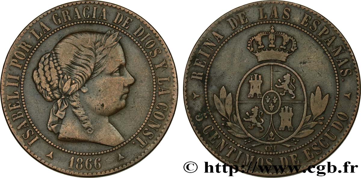ESPAÑA 5 Centimos de Escudo Isabelle II 1866 Oeschger Mesdach & CO MBC 