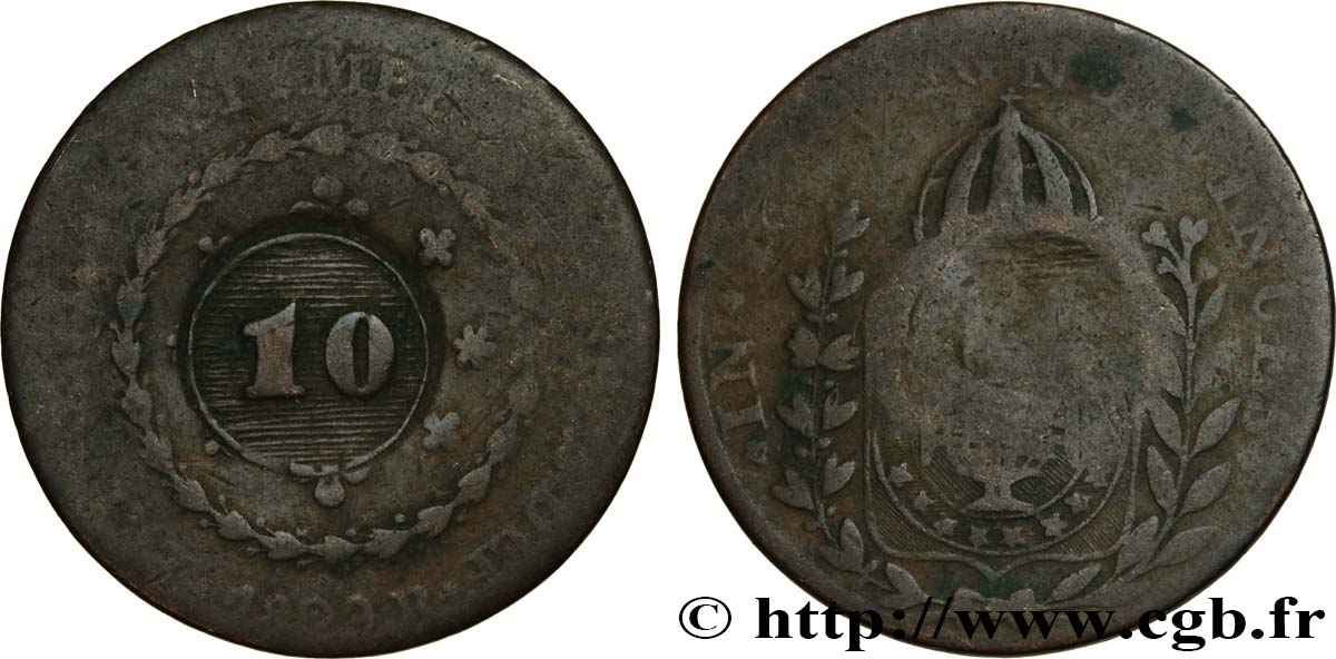 BRÉSIL 10 Réis Pierre Ier du Brésil (surfrappe 10 sur 20) 1829 (1835) Rio de Janeiro TB 