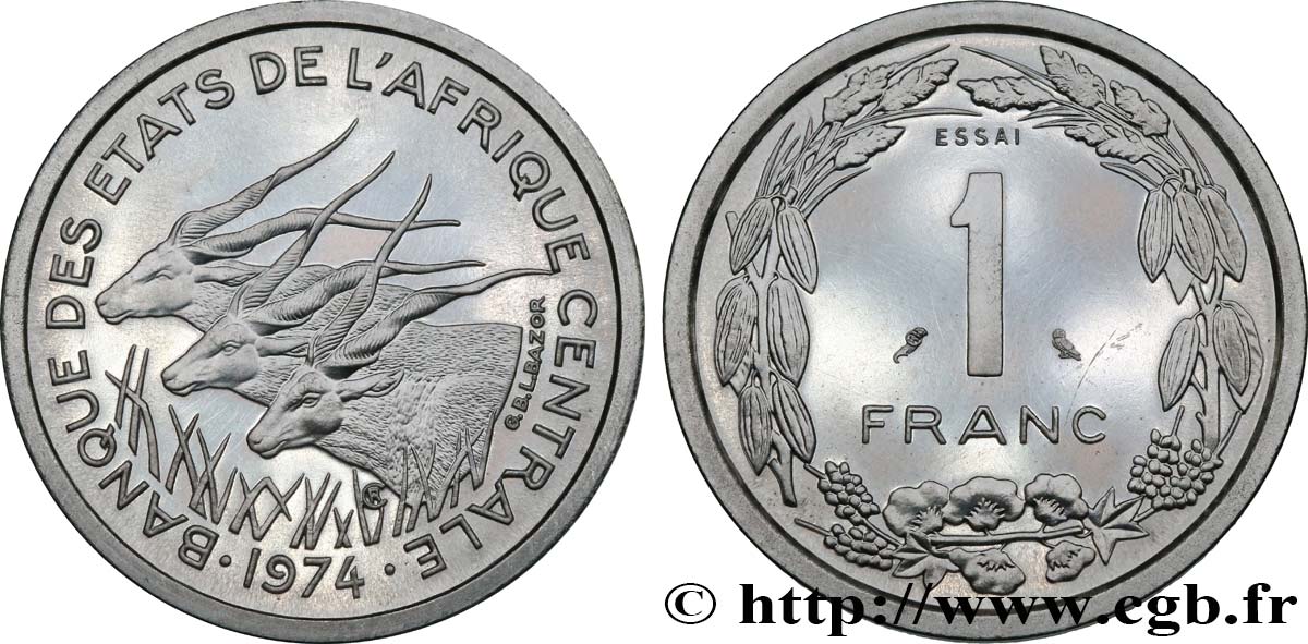 STATI DI L  AFRICA CENTRALE Essai de 1 Franc antilopes 1974 Paris MS 