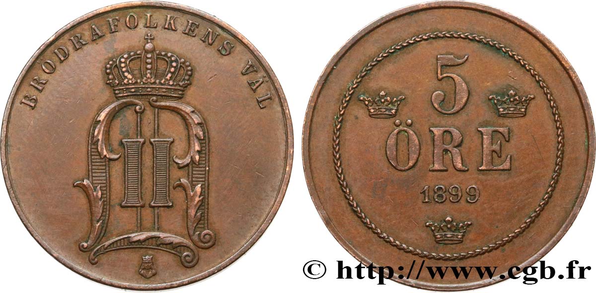 SUÈDE 5 Ore Oscar II 1899 Copenhague TTB+ 