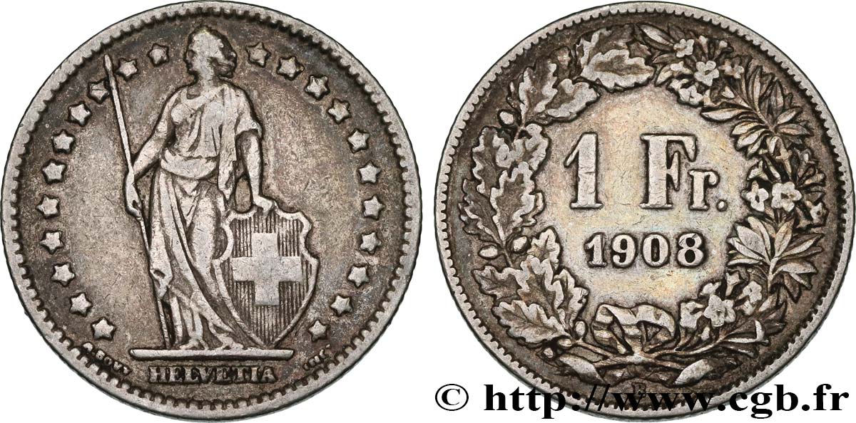 SWITZERLAND 1 Franc Helvetia 1908 Berne XF 