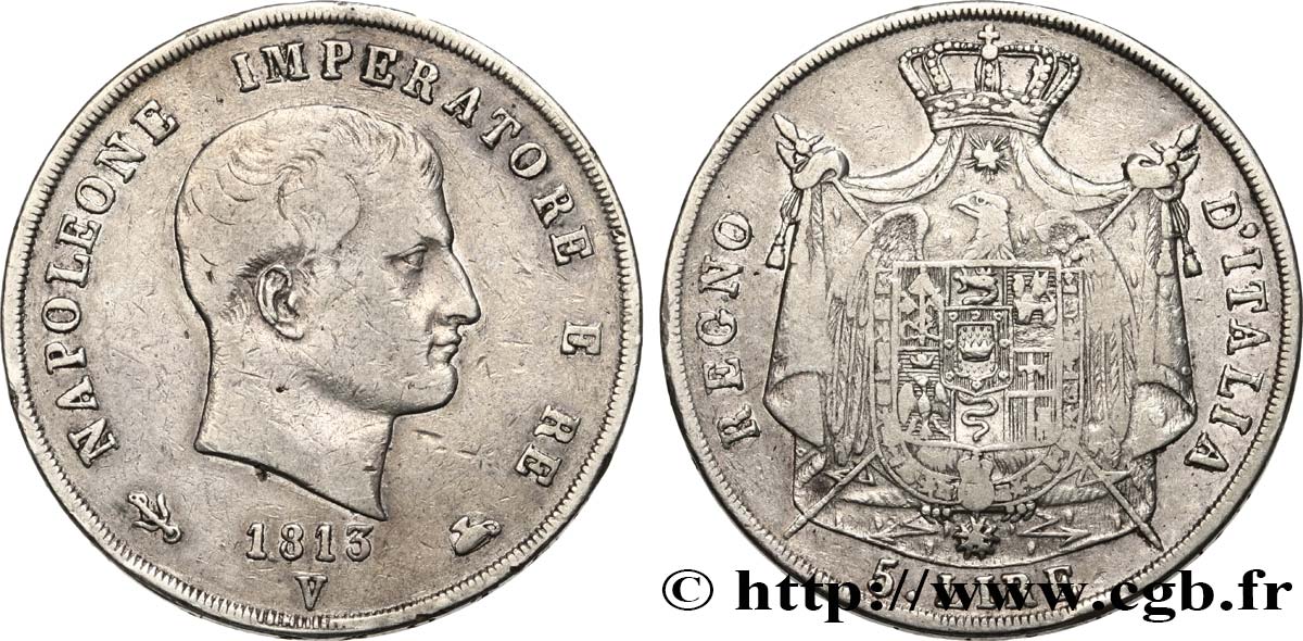 ITALIE - ROYAUME D ITALIE - NAPOLÉON Ier 5 Lire, 2ème type, tranche en creux 1813 Venise TB 