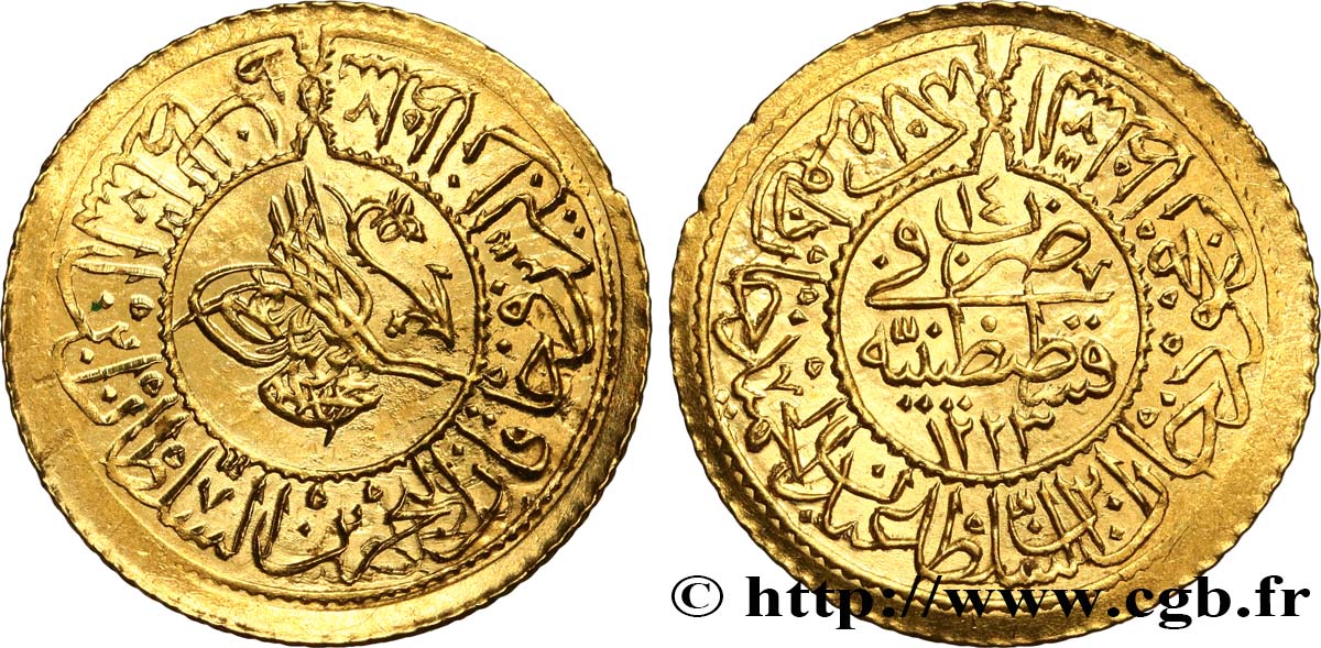 TURKEY Rumi altin Mahmud II AH 1223 an 14 1821 Constantinople AU 