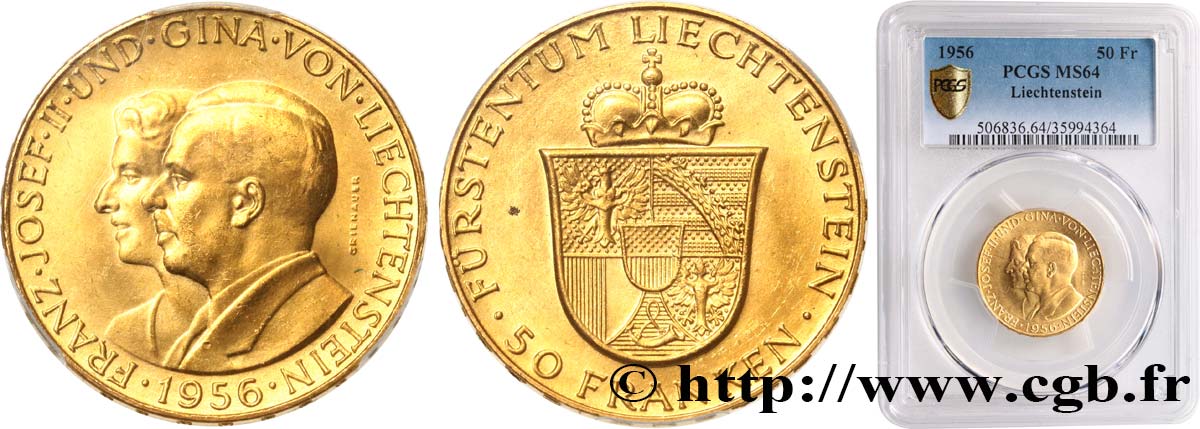 LIECHTENSTEIN 50 Franken 1956  MS64 PCGS