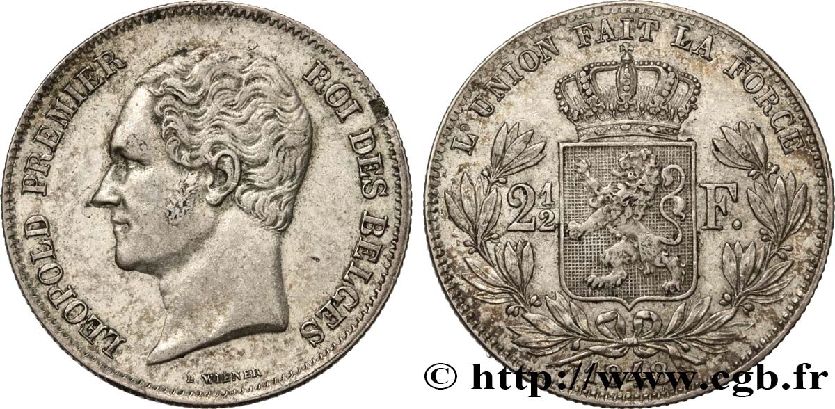 BELGIQUE - ROYAUME DE BELGIQUE - LÉOPOLD Ier 2 1/2 Francs, 2e type, petite tête nue 1848 Bruxelles MBC+ 