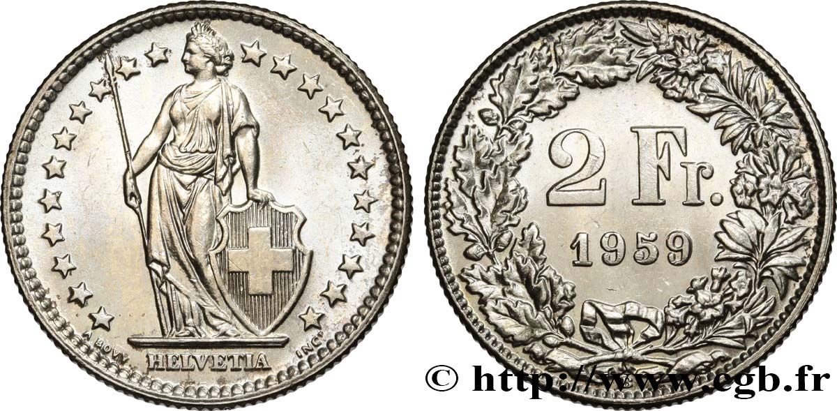 SUISSE 2 Francs Helvetia 1959 Berne SPL 